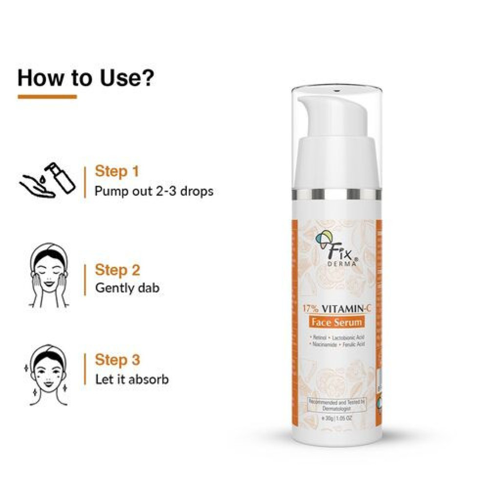 Fixderma 17% Vitamin C Face Serum for Glowing Skin | Retinol | Skin Brightening Vit C Serum for Women and Men | Anti Aging Night | Niacinamide - 30 G
