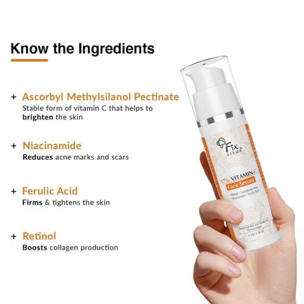 Fixderma 17% Vitamin C Face Serum for Glowing Skin | Retinol | Skin Brightening Vit C Serum for Women and Men | Anti Aging Night | Niacinamide - 30 G