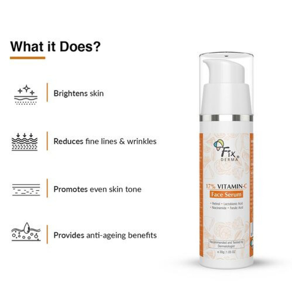 Fixderma 17% Vitamin C Face Serum for Glowing Skin | Retinol | Skin Brightening Vit C Serum for Women and Men | Anti Aging Night | Niacinamide - 30 G