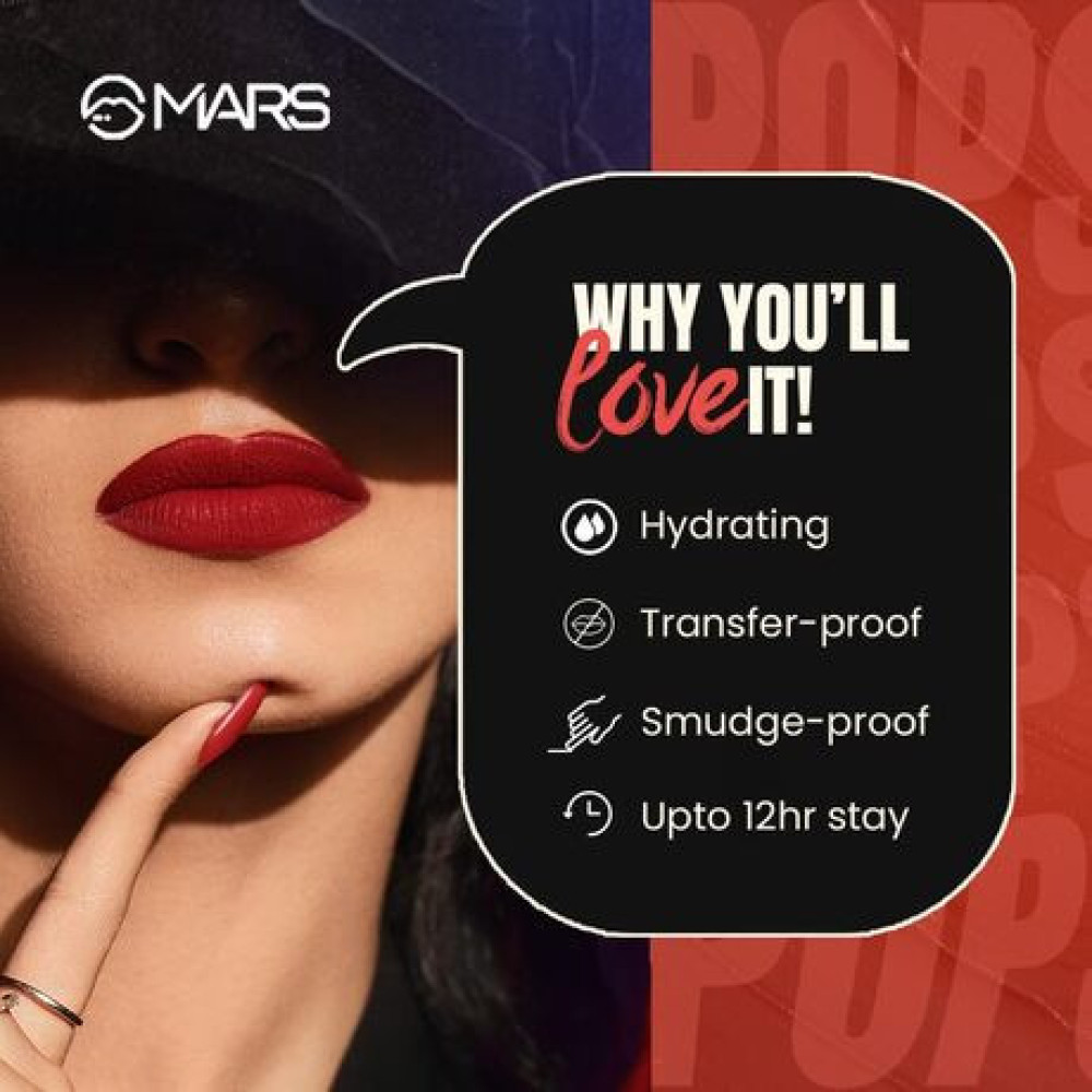 MARS Popstar Drying Liquid Mousse Lipstick for Women with Matte Finish | Lightweight and Non-Sticky Formula | Up to 12 Hour Long Lasting | Transferproof & Waterproof (6.0ml) (01-Closeup)
