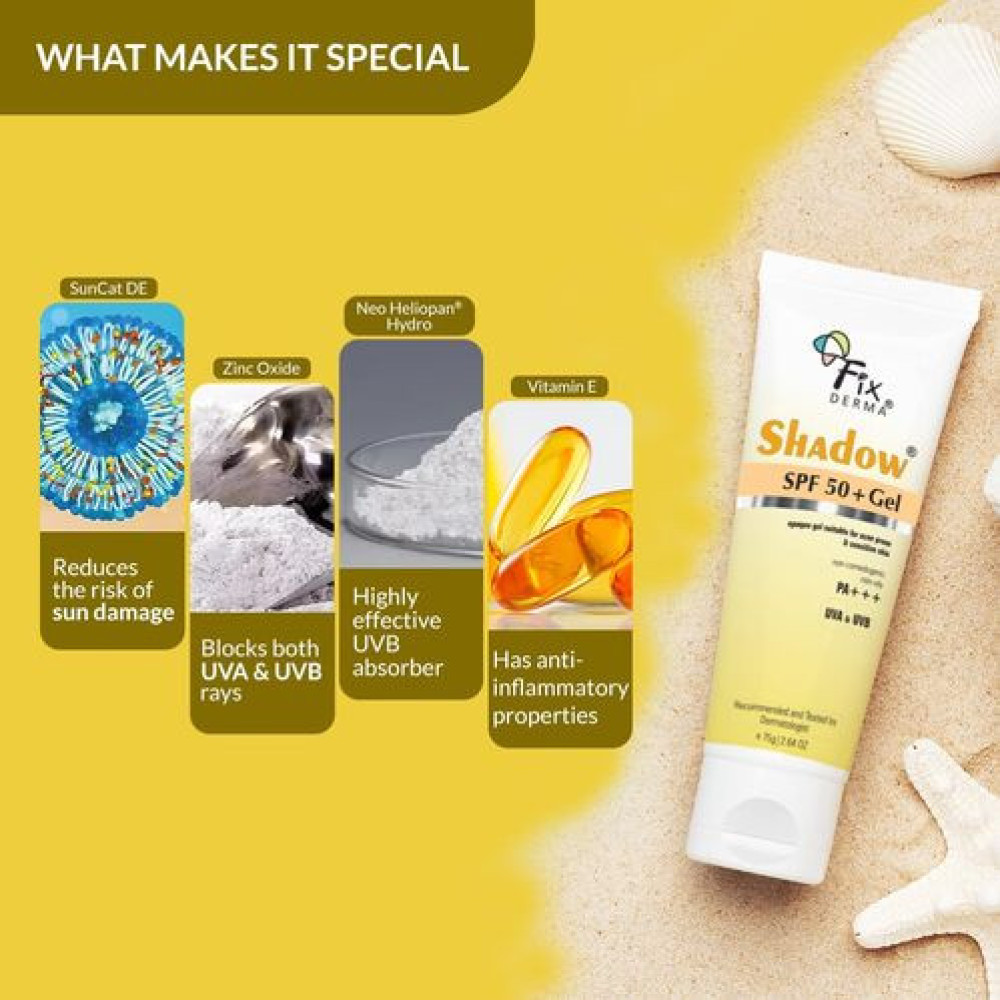 Fixderma Shadow Sunscreen SPF 50+ PA+++ Gel | Sunscreen SPF 50 for Oily, Acne Prone & Normal Skin | Broad Spectrum & UVA & UVB Protection | Lightweight | No White Cast | For Unisex - 7