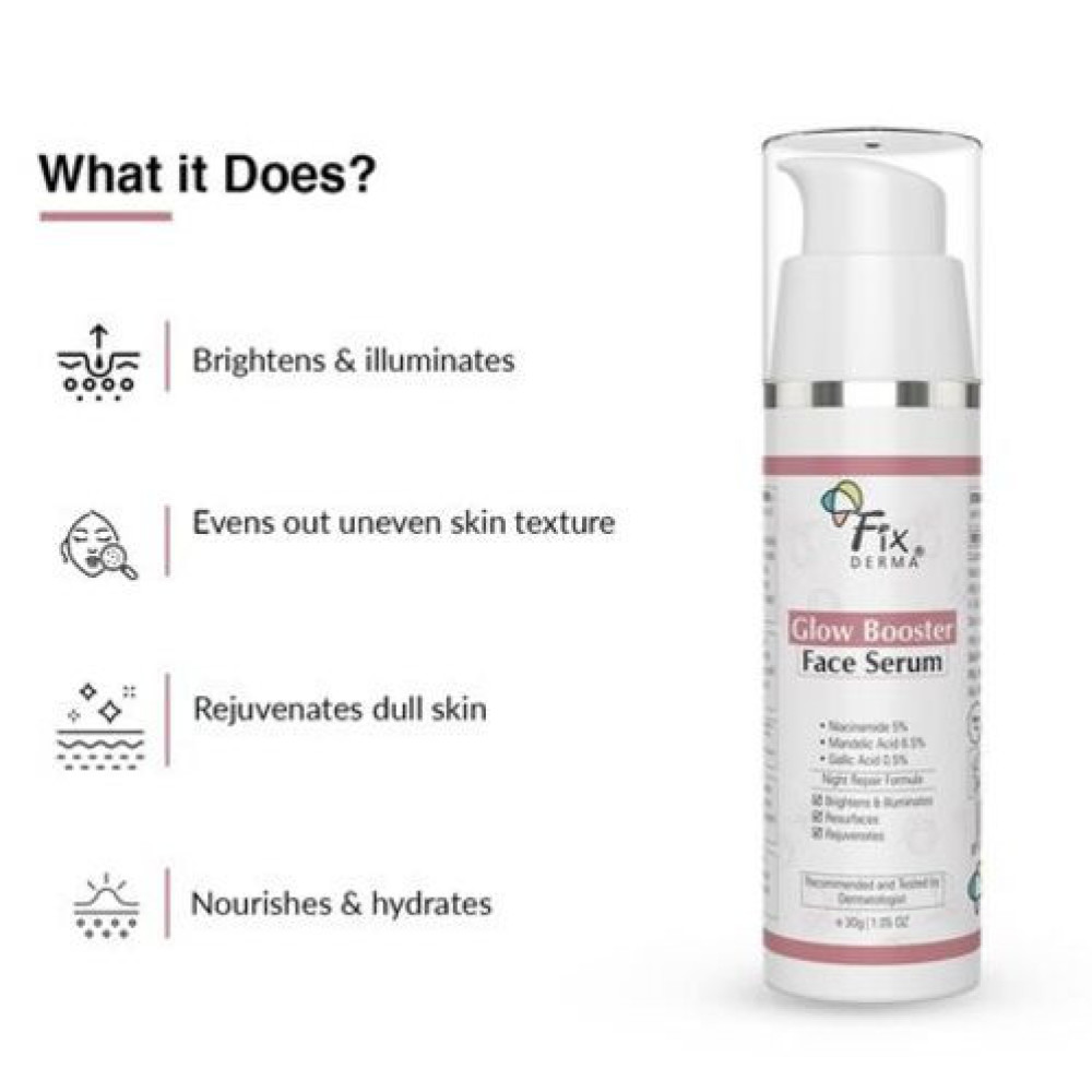 Fixderma 5% Niacinamide Serum Glow Booster Face serum with 6.5% Mandelic Acid & 0.5% Gallic Acid | Skin Brightening Serum | Face Serum for Men & Women - 30g