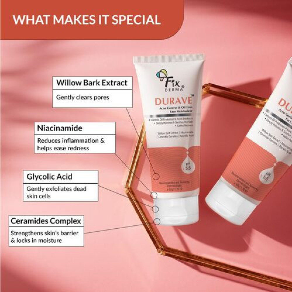 Fixderma Durave Acne Control & Oil Free Moisturizer for Face with Glycolic Acid | Niacinamide | Oily Skin | Face Moisturizer for Women & Men - 50 gm