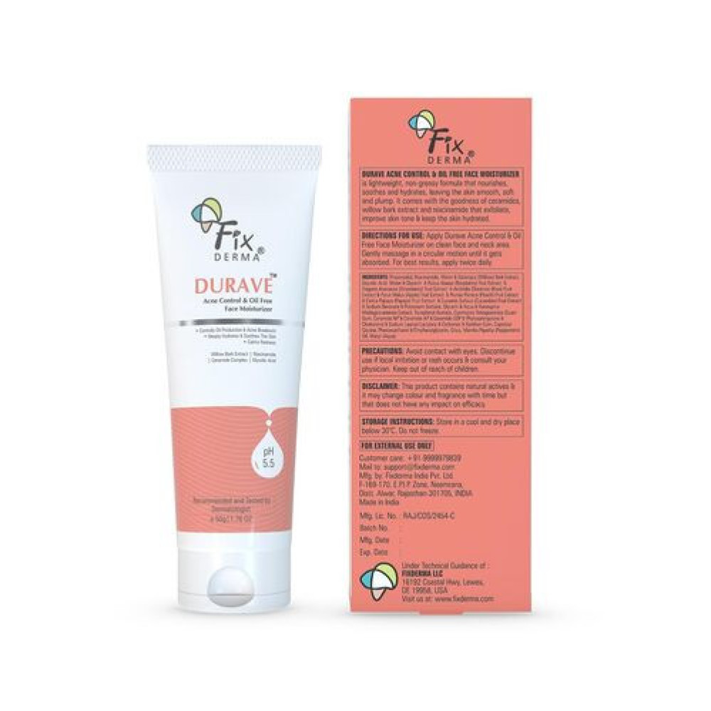 Fixderma Durave Acne Control & Oil Free Moisturizer for Face with Glycolic Acid | Niacinamide | Oily Skin | Face Moisturizer for Women & Men - 50 gm