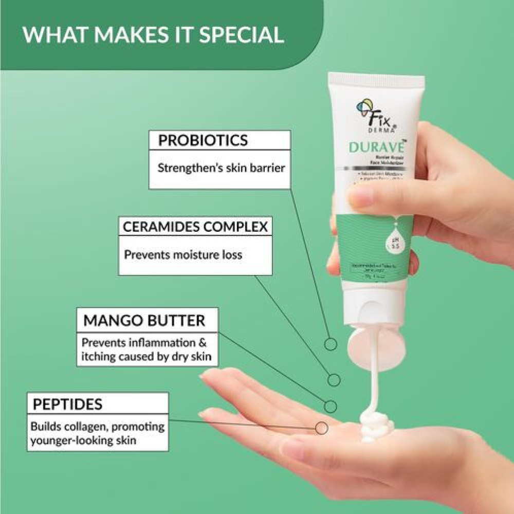 Fixderma Durave Ceramide Moisturizer for Face with Peptide & Mango Butter | Barrier Repair Moisturizer | Face Moisturizer for Women & Men | For All Skin Type - 50gm