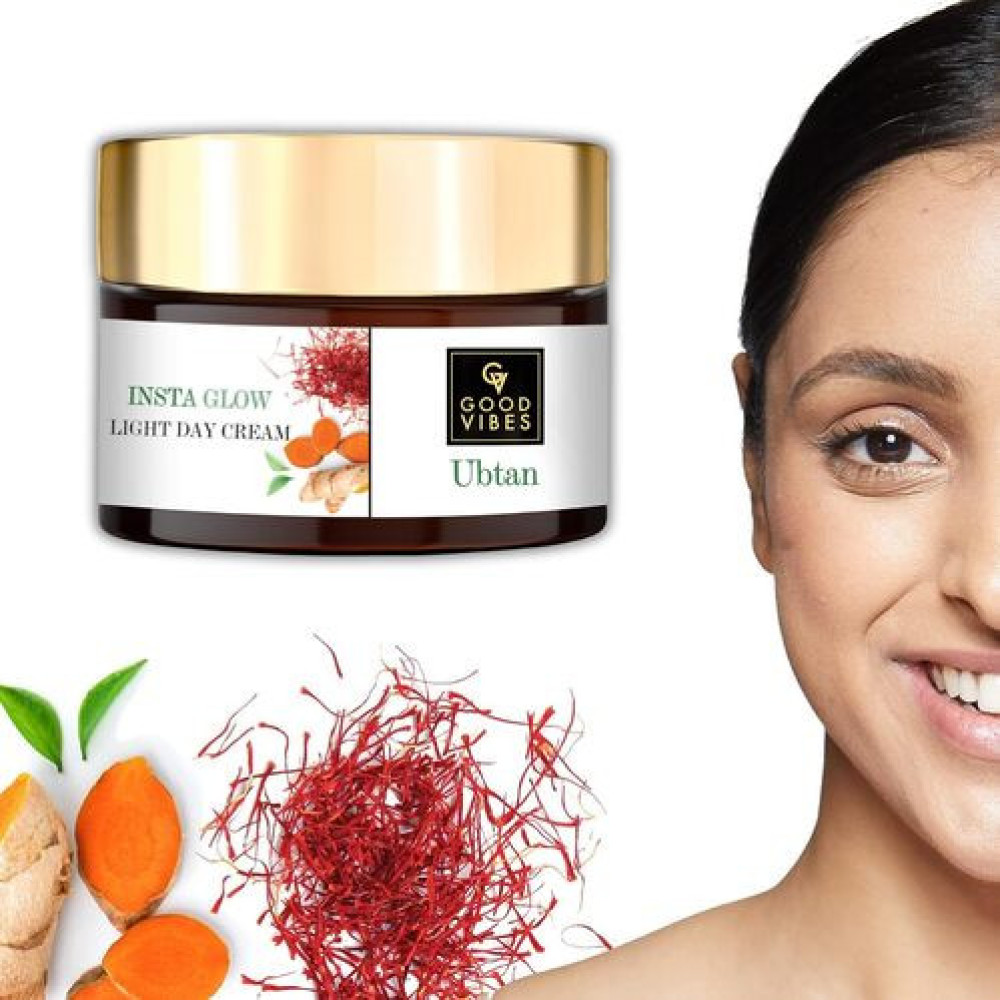 Good Vibes Ubtan Insta Glow Light Day Cream, 50 g | Brightening Nourishing Hydrating Face Moisturizer For All Skin Types | With Turmeric, Saffron, Vitamin B3 | No Parabens, Sulphates &