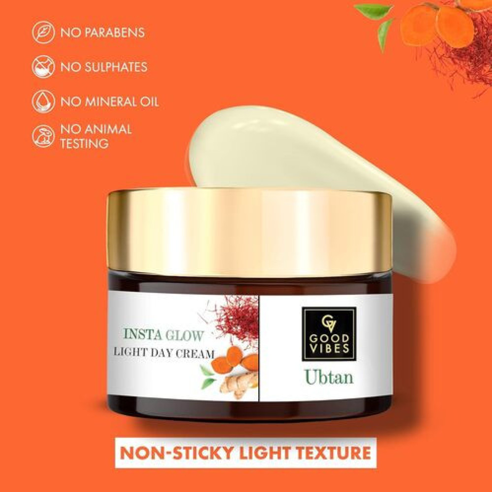 Good Vibes Ubtan Insta Glow Light Day Cream, 50 g | Brightening Nourishing Hydrating Face Moisturizer For All Skin Types | With Turmeric, Saffron, Vitamin B3 | No Parabens, Sulphates &