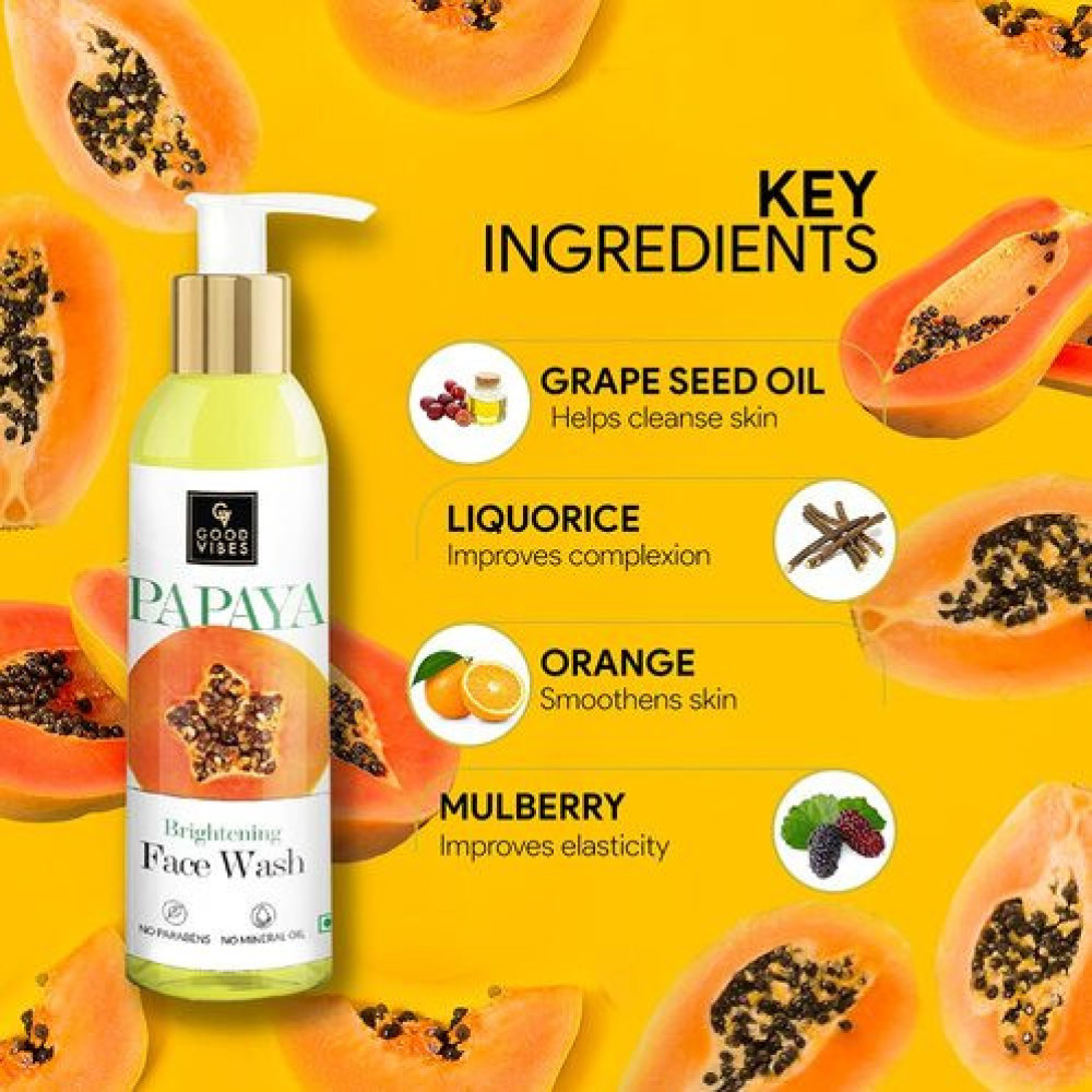 Good Vibes Papaya Brightening Face Wash 120 ml - Radiant Glowing Moisturizing Brightening Anti Ageing Pore Cleansing Formula for All Skin Types, Natural, No Parabens & Mineral Oil, No
